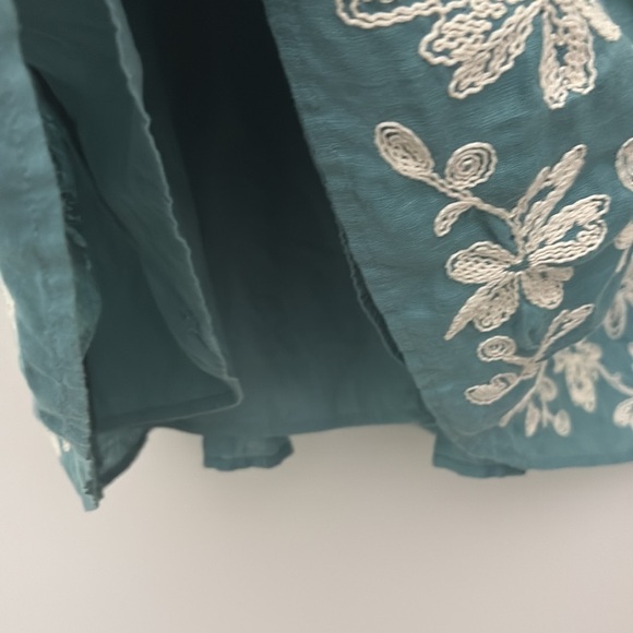 Talbots Floral Embroidered Pleated Skirt 100% Linen Teal Lined Cottagecore Sz 14 - Picture 4 of 13